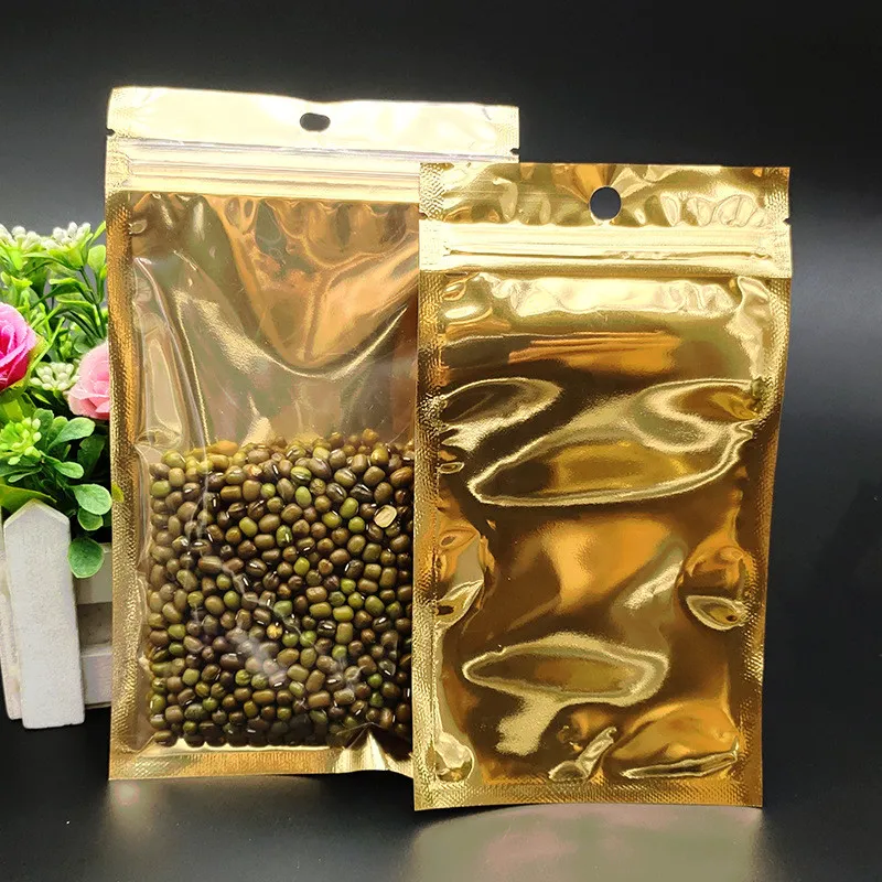 Petites grandes tailles or doré auto-scellant sacs avant transparent pour fermeture éclair refermable en plastique sacs d'emballage au détail fermeture à glissière Mylar sac pochette d'emballage
