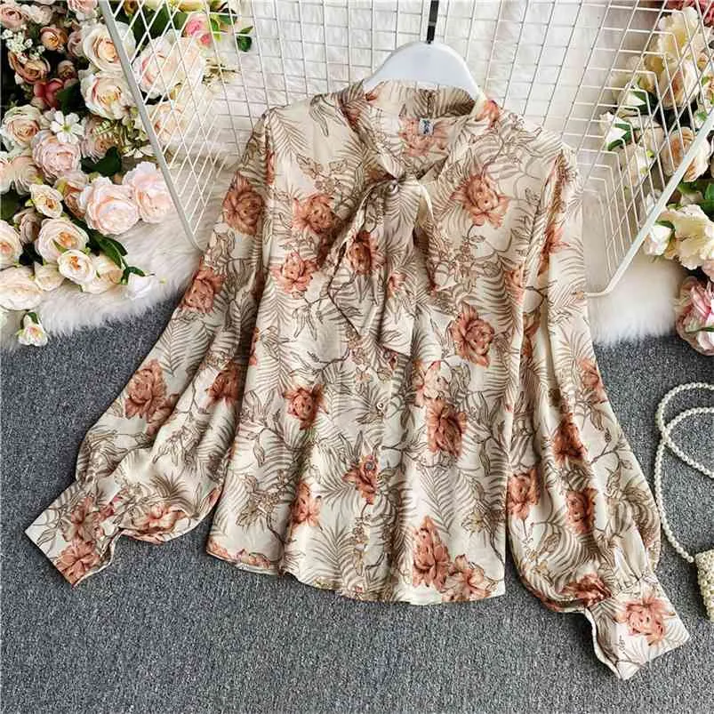 Women Early Autumn Shirt Long-sleeved Design Loose Japan Korean Style Printed Bow Chiffon Female Blusa Tops GX1104 210507