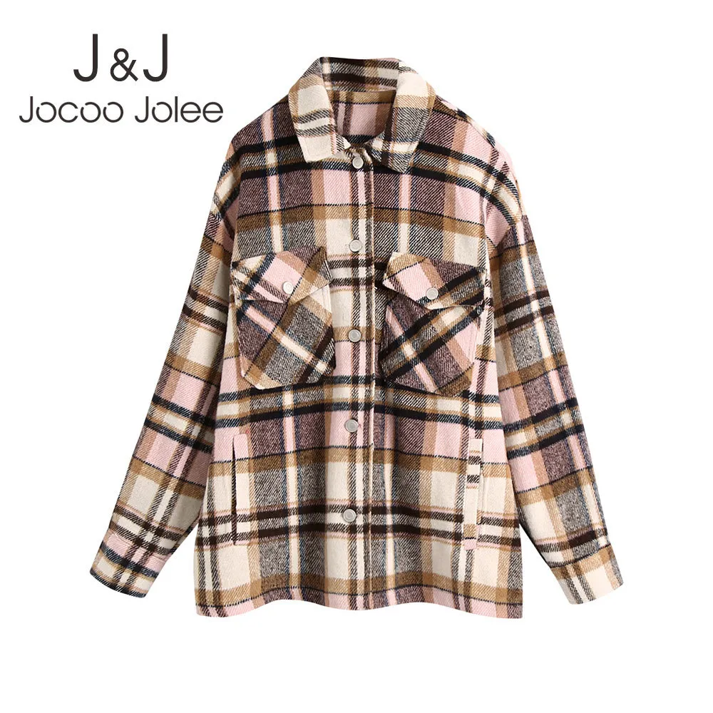 Jocoo Jolee Elegant Plaid Pattern Woolen Jackets Vintage Pockets Loose Coat for Women High Street Thick Tunic Clothing Tops 210518