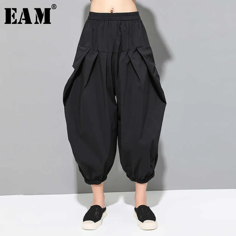 [EAM] 2021新しい春秋の高弾性ウエストスプライスされたプリーツのシンプルな緩い大きなサイズのズボン女性のズボンファッション潮JY907 Q0801