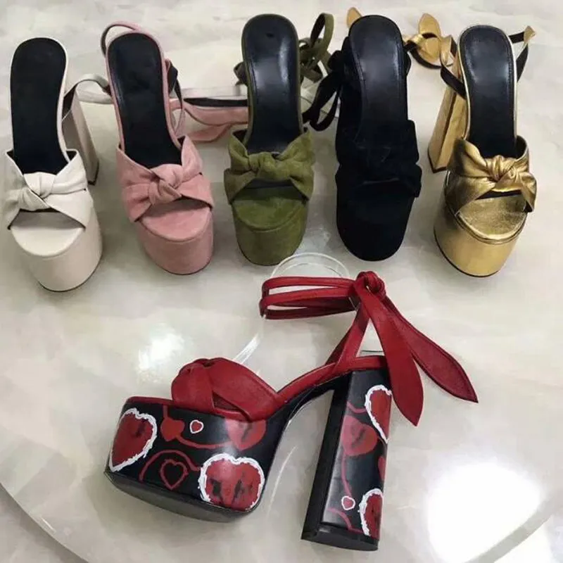 New Heart Cow Suede Leather Bowtie Back Lace Up Sandals Platform Chunky Heels Knot Sandal Female Gladiator Zapatos Mujer Shoes