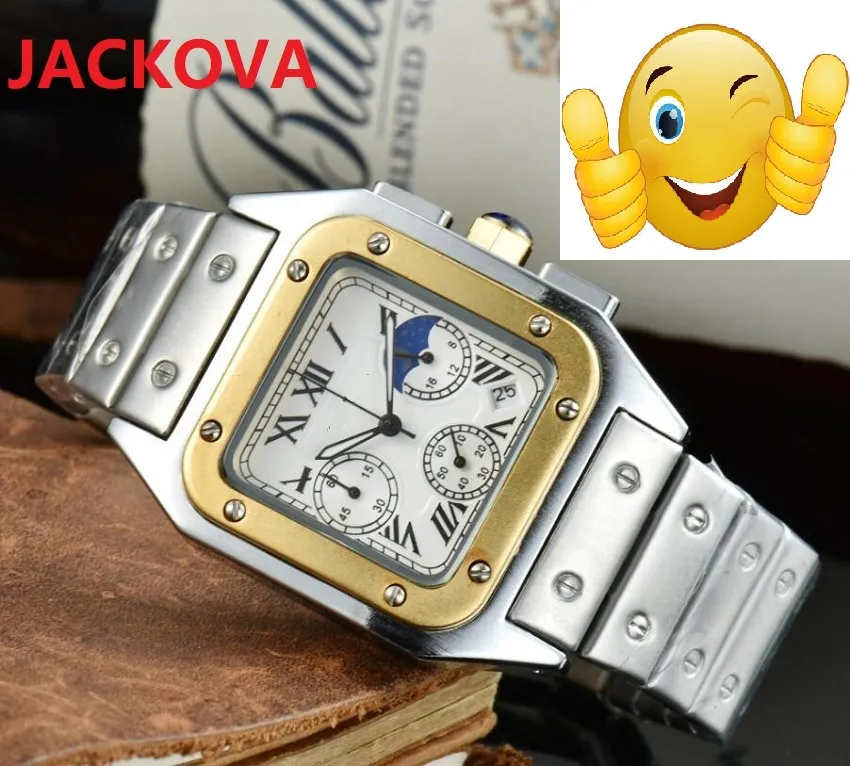 すべてのダイヤルワーククラシックレトロスクエア男性クォーツムーン時計42mmセラミックベゼルフルステンレススチールサファイアガラスモノトルデラックス高品質の腕時計