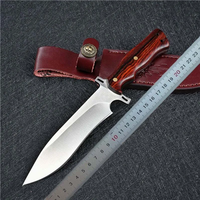 1 Unids Cuchillo Recto de Supervivencia de Calidad Superior D2 Cuchillas de Punto de Caída de Satén Mango de Palisandro Completo Cuchillos de Hoja Fija Con Funda de Cuero