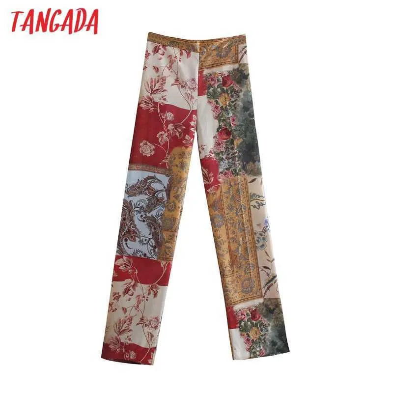 Tangada vrouwen boho stijl print wide-poot broek vintage hoge taille zijzakken vrouwelijke broek Mujer Be343 210609