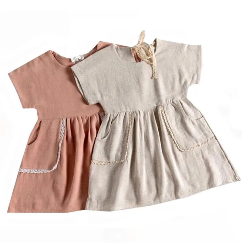 Enfant en bas âge enfant bébé fille été volants manches coton lin fête enfants filles décontracté poche robe robe d'été vêtements 210417