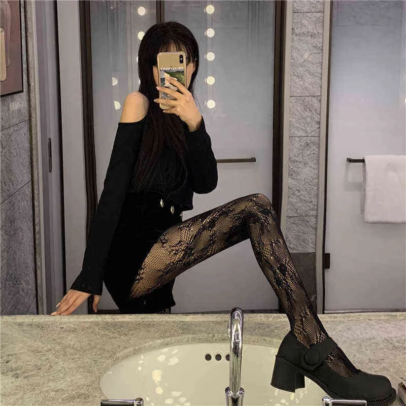 Rose Print Lace Fishnet Tights For Women Sexy Black And White