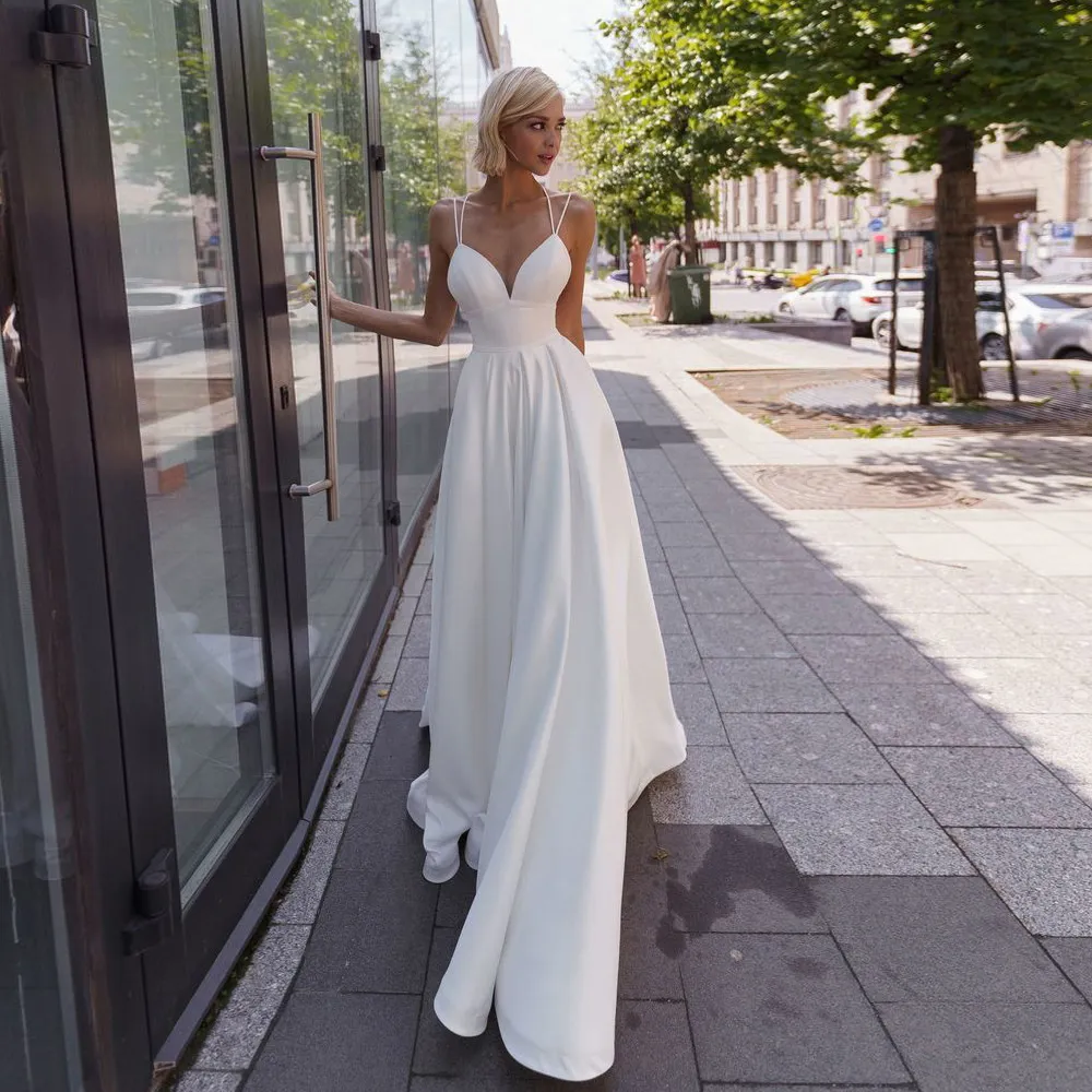 Custom-made Soft Satin Halter deep v wedding dress - Sleeveless A-Line Bridal Gown