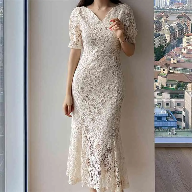 Korea zomer vrouwen kant V-hals korte mouw jurk elegante vintage mode bodycon slanke zeemeermin vestidos 210519