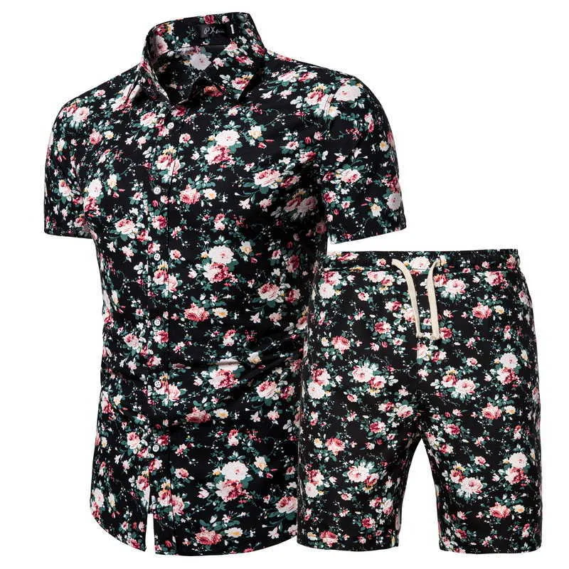 Mode Floral Print Shirts + Shorts Hommes Set Chemises à manches courtes Casual Hommes Hawaii Vêtements Costume Survêtement Plus Taille Robe Chemise Y0831