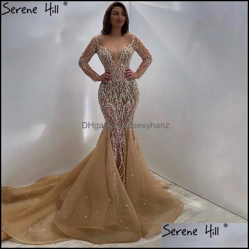 Serene Hill Muslim Champange Mermaid Evening Dresses 2021 Luxury Beading Elegant Party Gowns For Women HM67211