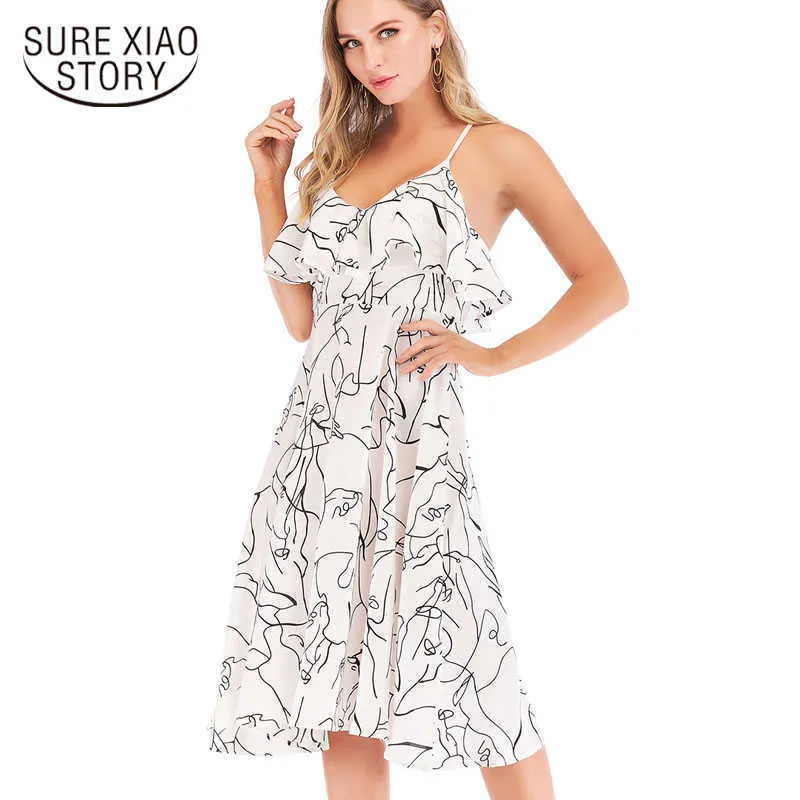 女性夏のドレスファッションエレガントなドレスAラインノースリーブVネックエンパイアレディースセクシーな白いドレスカジュアル3354 50 210527