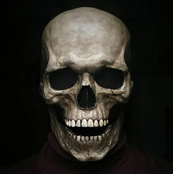 Halloween Full Head Skull Mask Hjälm med rörlig käft Helt realistiskt utseende Vuxen Latex 3D-skelett Skrämmande skalle Masker HH21-513