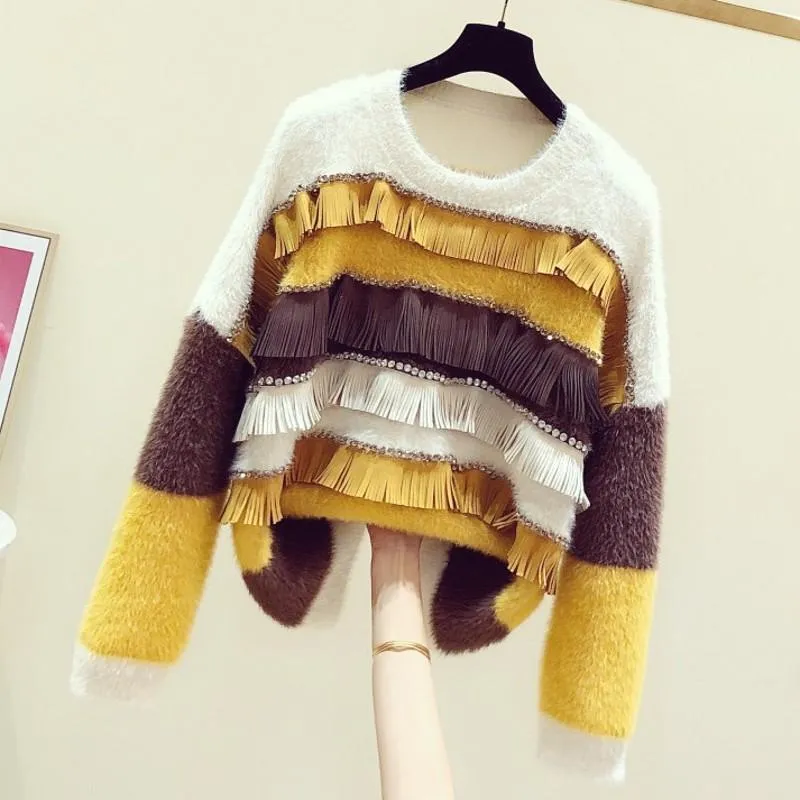 Suéteres de otoño/invierno para mujer, Tops, jerséis de manga larga con cuello redondo sueltos combinables con retazos de bloques de Color y borlas para mujer