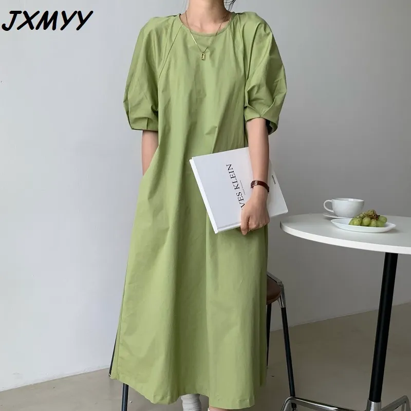 Coréen Style chic Simple Simple Sauvage Rond Col Fashion Lâche Couleur Solide Couleur Longueur Puffy Mancheve Robe longue jupe femelle 210412