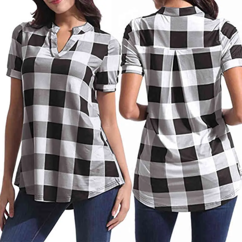 Plus size plaid blouse vrouwen zomer kleding katoen tops tuniek vrouwelijke dame blouse losse rode witte blauwe shirts H1230