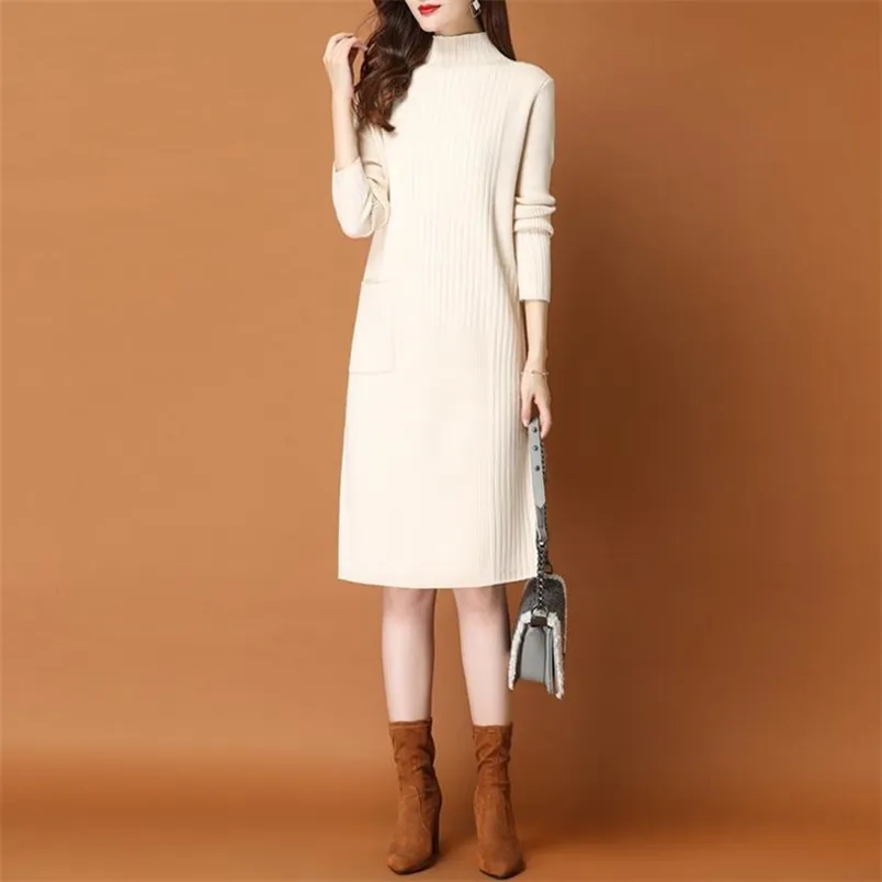Полусодержащий воротник осенью и зимой средняя длина вязаный свитер дна рубашка на коленном свободным платье женщин 210427