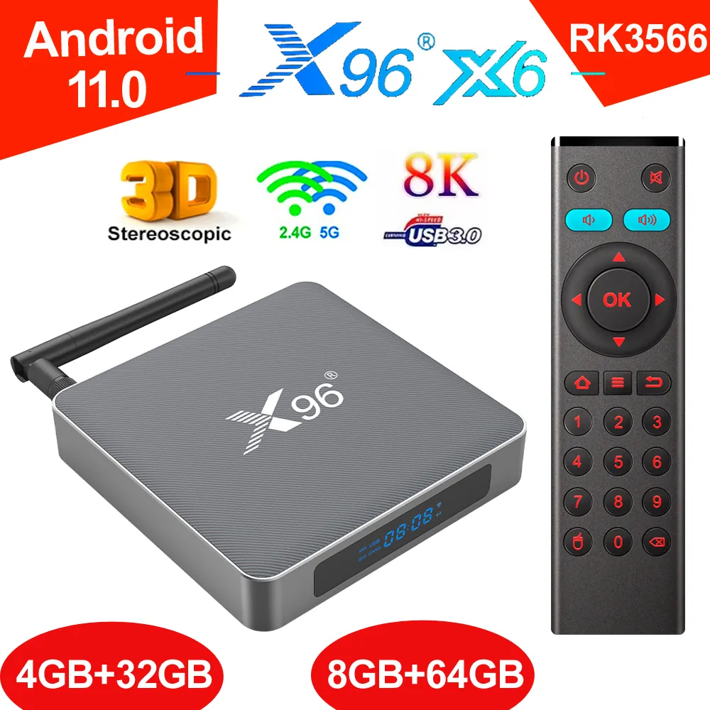 X96 X6 Android TV Box 8GB 64GB 4G32G RK3566 Quad Core Smart Media Player 2.4G 5G 2T2R Wifi Guscio in lega di alluminio Android11 TVbox 4GB 32GB