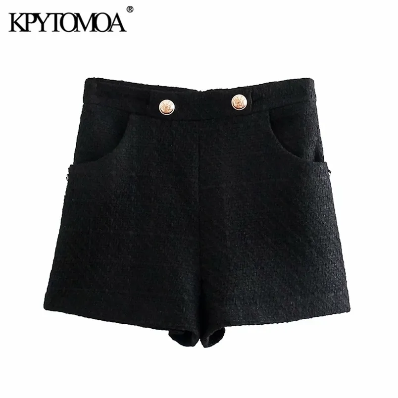 Kvinnor Chic Mode Side Fickor Knappar Tweed Bermudas Shorts Hög Midja Back Zipper Kvinna Kort Femme 210420