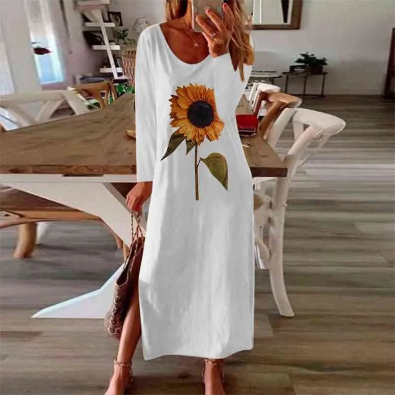 Sunflower 3D Print Split Summer Autumn Dress Women Elegant White Long Sleeve Plus Size Maxi Dresses for Women Vestidos 210715