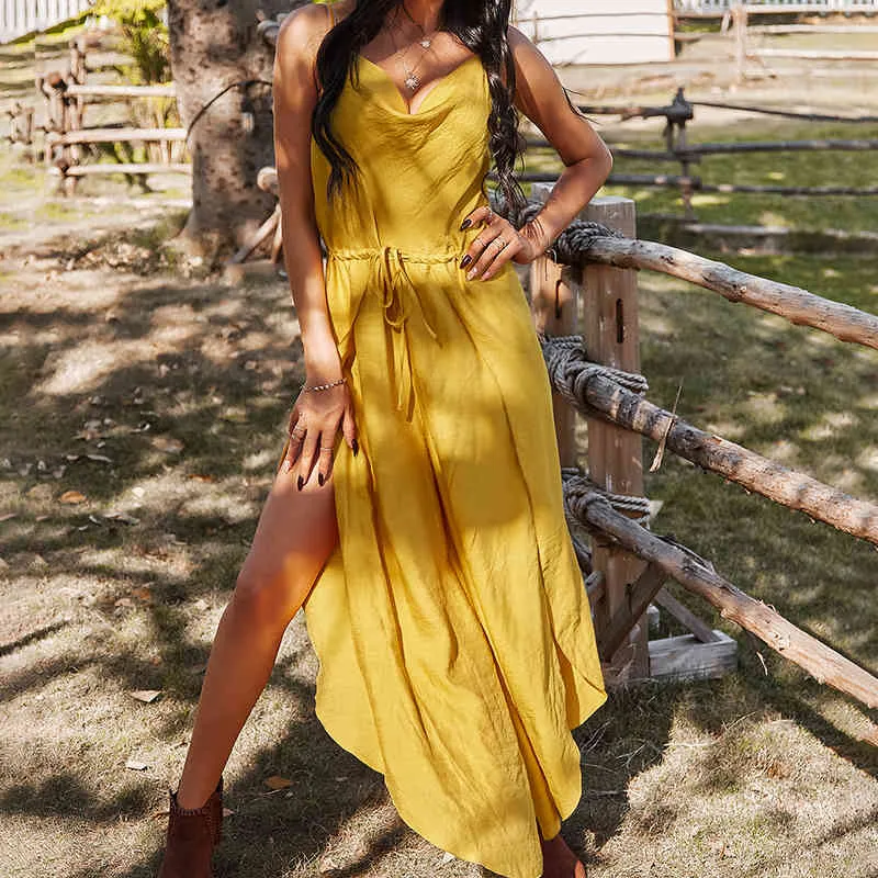 Boho Sexy Spaghetti Strap Jumpsuits Women Summer Sleeveless Lace Up Slit Casual Loose Holiday Beach Style Yellow Long Romper 210517