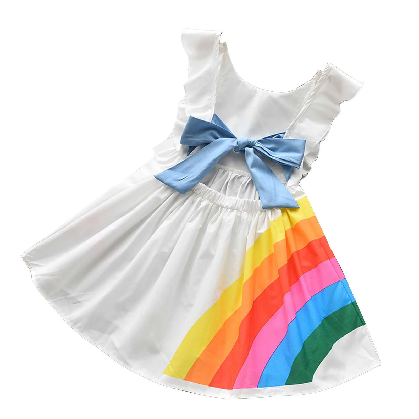 FocusNorm 2-7Y Güzel Bebek Kız Yaz Elbise Ruffles Kolsuz Gökkuşağı Çizgili Baskılı Backless Bowknot A-Line Sundress Q0716