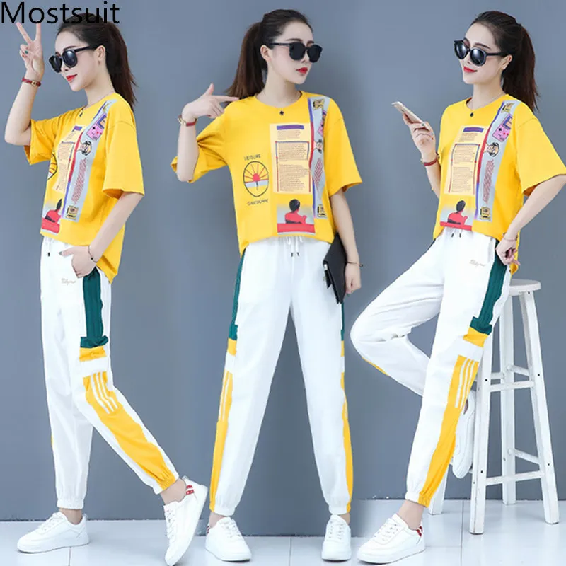 Zomer Casual Sport Tweedelige Sets Tracksuit Outfits Women Plus Size Gedrukt T-shirts en Broek Past Koreaanse Mode 210514