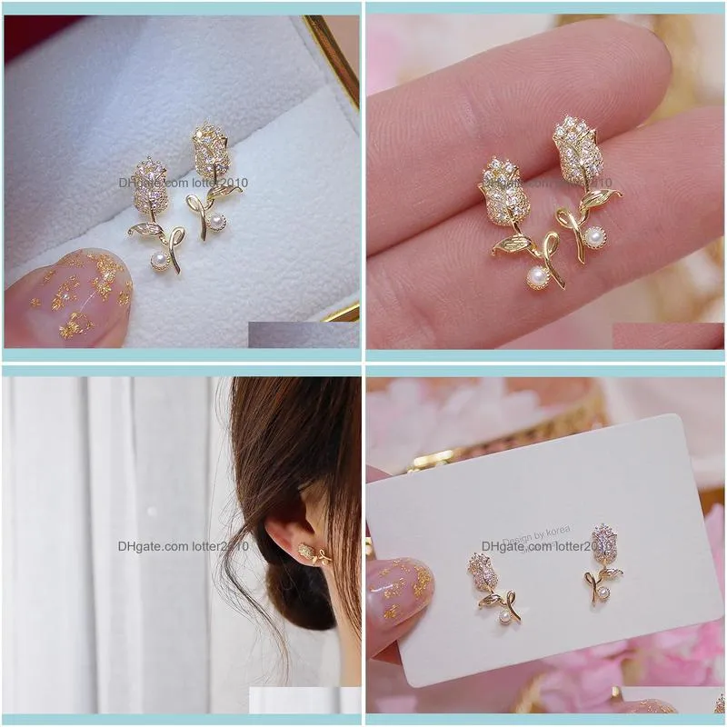 Korea Selling Fashion Jewelry 14K Real Gold Plating Copper Zircon Earrings Elegant Tulip Women`s Wedding Party Stud