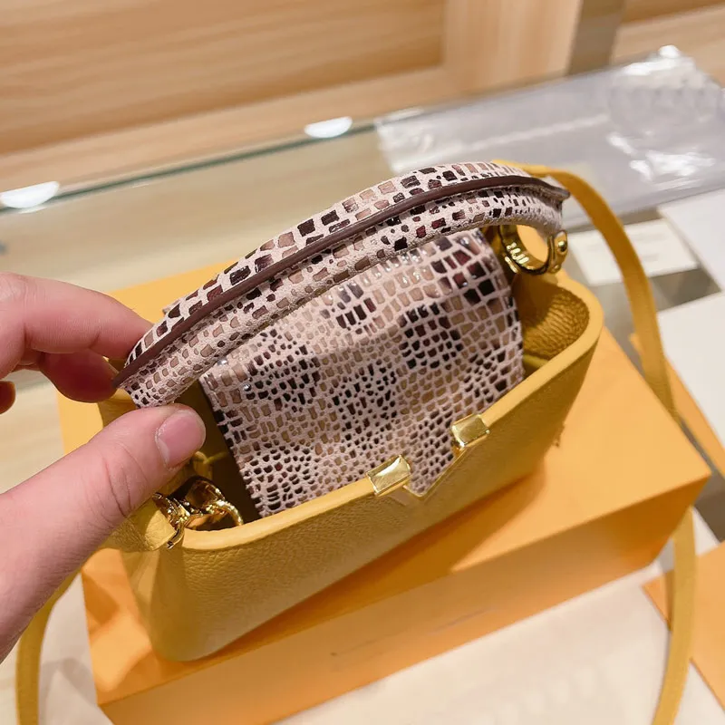 Mini Handbag Shoulder Crossbody Bag Lady Tote Evening Bags Snakeskin Patchwork Color Litchee Genuine Leather L letter Gold Hardware Removable Wide Strap Capuciny