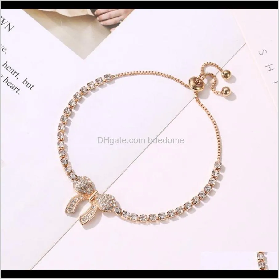 charm bracelet crystal setting bow tie shape bead gold silver plated metal prong channel setting chain adjusted box chain women gift