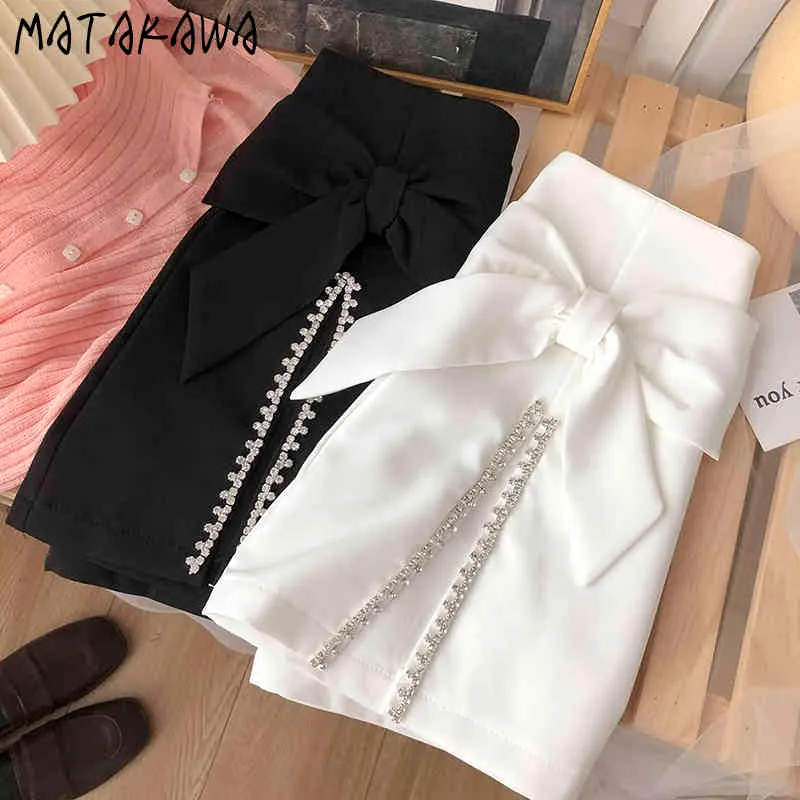 Matakawa Sommar Koreansk Fashion Bow Kvinnor Kjol High-Waist A-Line Kjol Kvinna Diamond Split Short Mini Skirts 210513