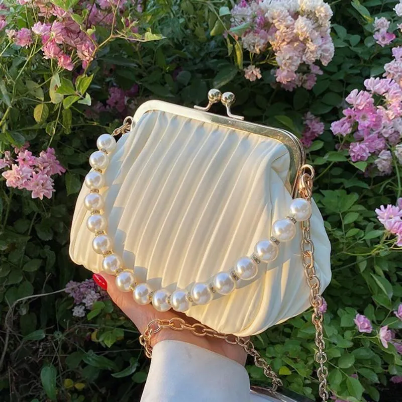 Evening Bags Pleated Shell Bag Small Totes With Pearl Handle 2021 Summer PU Leather Women's Designer Handbag Chain Shoulder Messenger