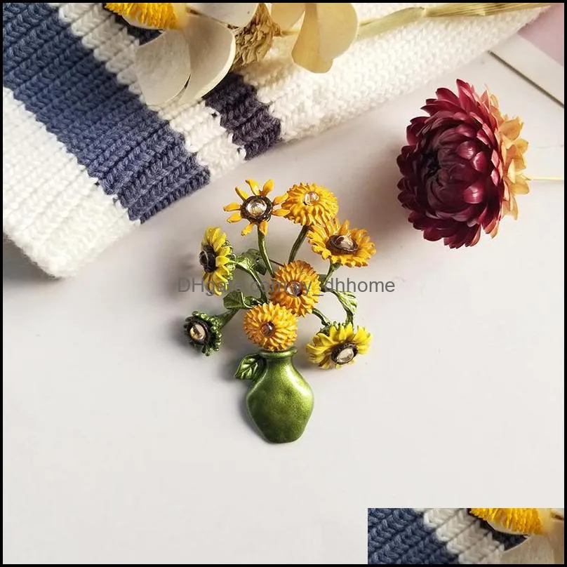Pins, Brooches Sunflowers Brooch Flowers In A Vase Basges Metal Yellow Enamel Rhinestone For Women Girl Jewelry Gift`s 2021 Wholesale