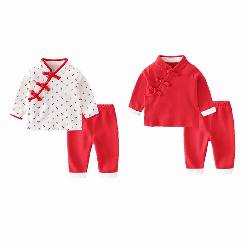 0-2 Years Chinese Style Unisex Baby Set Boys Girls Outfits Long Sleeve Toddler Shirt Tops+red Long Pants Spring Set Kids Clothes G1023