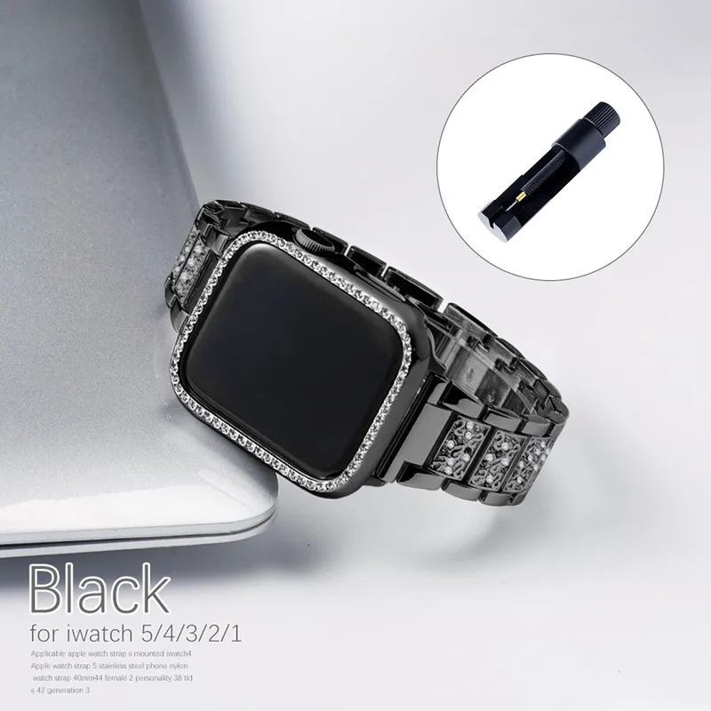 Elmas Kılıfları + Apple Watch Band Için Kayışlar 40mm 41mm 38mm 44mm 45mm 42mm 40mm Metal Kordonlu Saat Küba Link Bilezik IWatch Serie 3 5 6 SE 7 Altın Smart Watchband