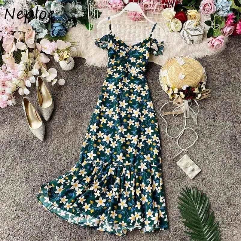 Flower Print Dress Women Sexy Slash Neck Spaghetti Strap Ladies Vestidos Summer Elegant Slim Waist Ruffles Dresses 210422