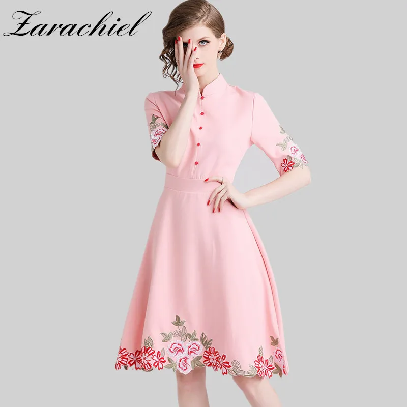 Elegant A-line Pink Flower Embroidery Dress Women Spring Stand Collar Vintage Dresses Big Swing Casual Button Vestidos 210416