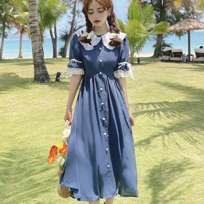 French Vintage Dresses Women Fashion Lace With Doll Collar Short Sleeve Elegant Single-Breasted Chiffon Dress Females 210518