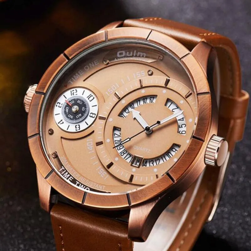 Horloges 2021 gepersonaliseerde horloge Oulm Mannen Sport Waches Rose Gold Twee Tijdzone Kalender Quartz Big Watches Relogios Masculino