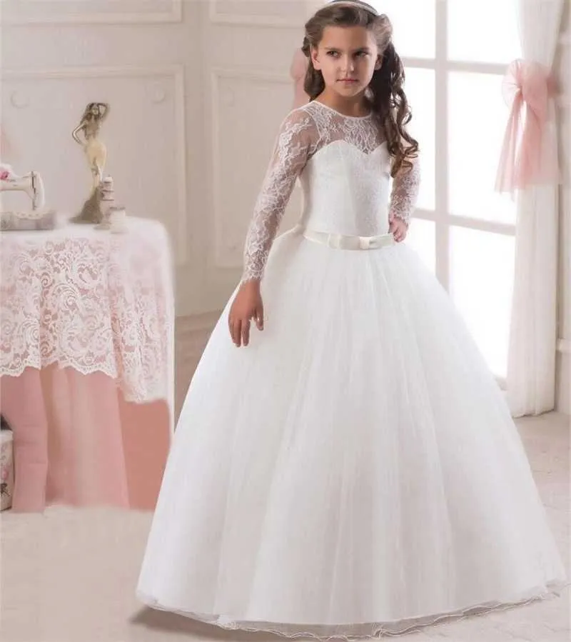 5-15 år Kids Girls Long Lace Flower Party Ball Gown Prom Klänningar Princess Bröllopsbarn First Communion Dress Q0716