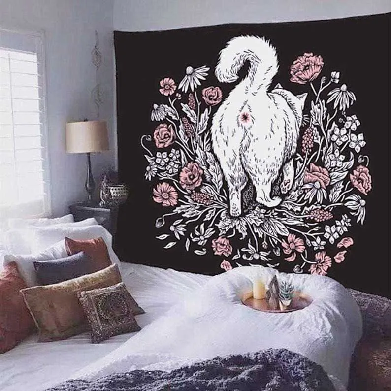 Kat Witchcraft Tapestry Muur Opknoping Tapijten Mysterieuze Divination Baphomet Occult Home Wall Zwart Cool Decor Cat Coven 210609