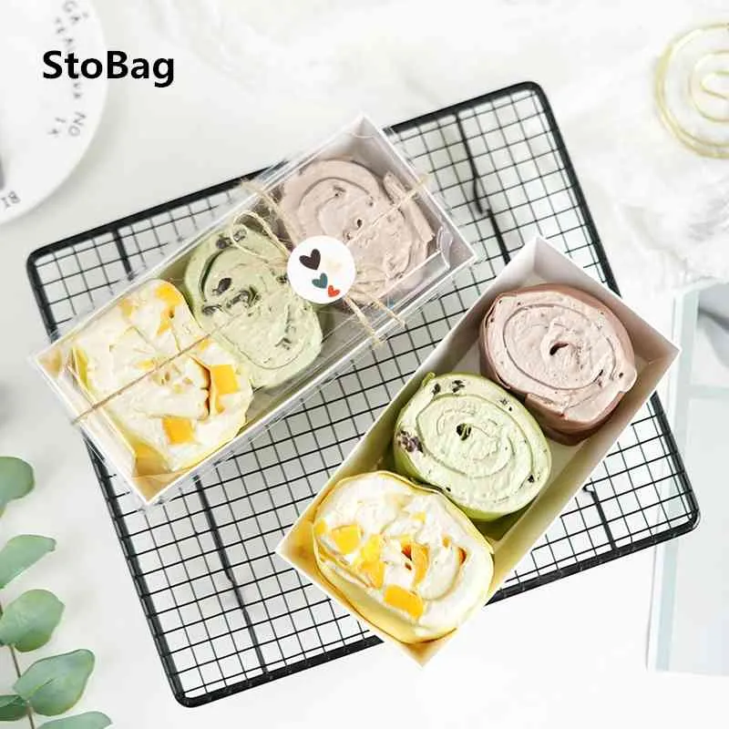 Stobag 10pcsホワイトケーキボックスと包装透明カバーパティスリーブレッドボックスケーキデコレーション親切な好意ベビーシャワーギフト210602