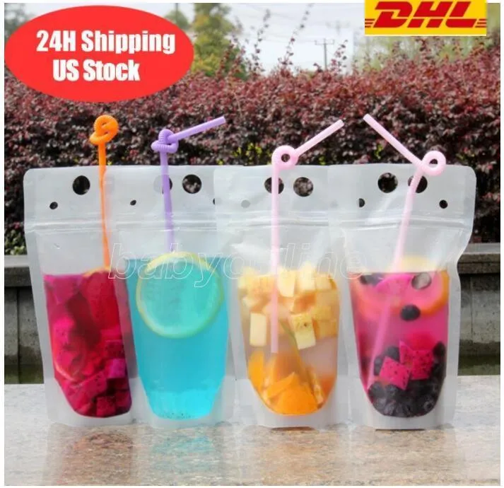 US Stock Disposable 24H ship Clear Drinks Pouches Bags Plastic Drinking Bag with Straw Reclosable Heat-Proof Juice Coffee Liquid Bags