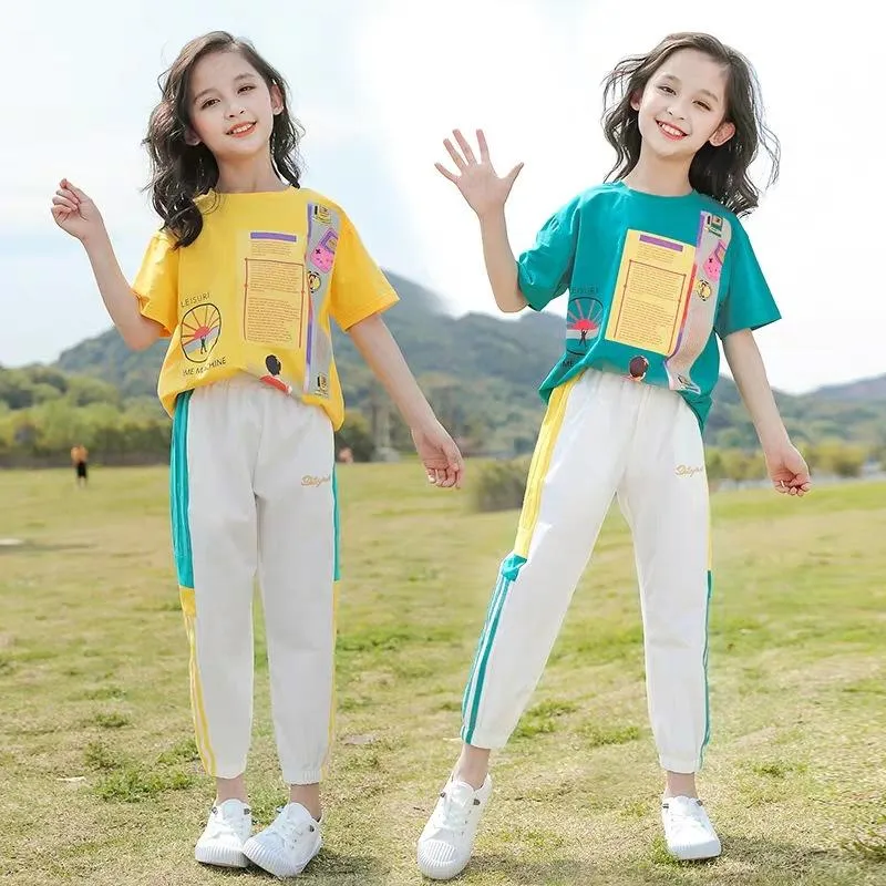 Verão criança crianças esportes terno verde / amarelo padrão camiseta + Truers 2 pcs tracksuit adolescente meninas casuais conjuntos de roupas