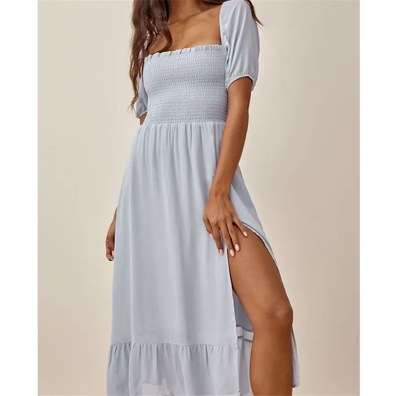 Dulce mujer cielo azul elegante vestido femenino cuello cuadrado Puff manga Midi Robe Femme Sexy Slits verano gasa 210514