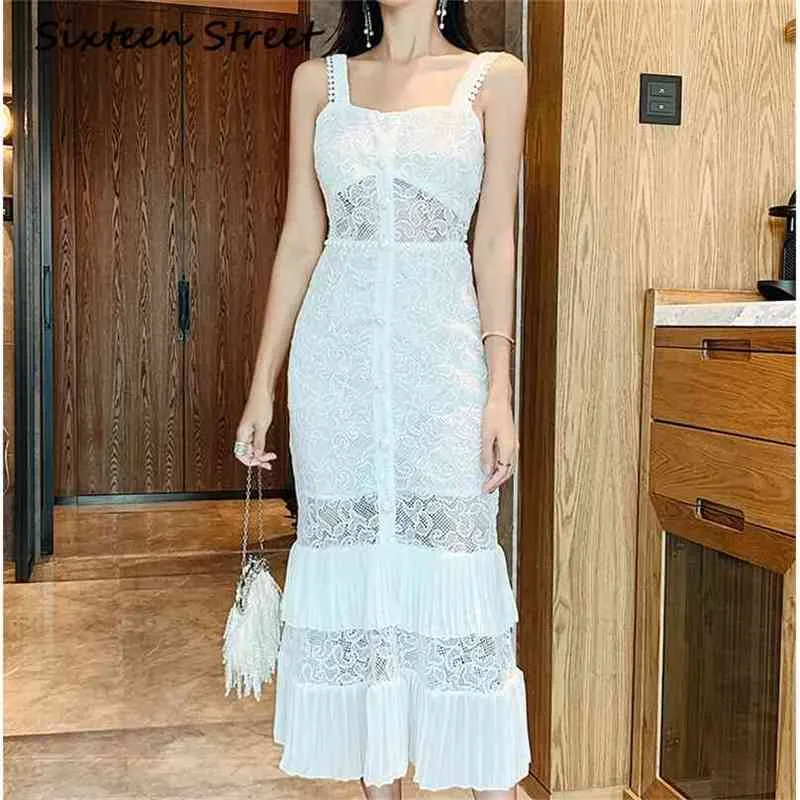 Summer Diamond Button White Strap Dress Woman Sleeveless Slash Collar Runway Design Trumpet Party Casual Bodycon 210603