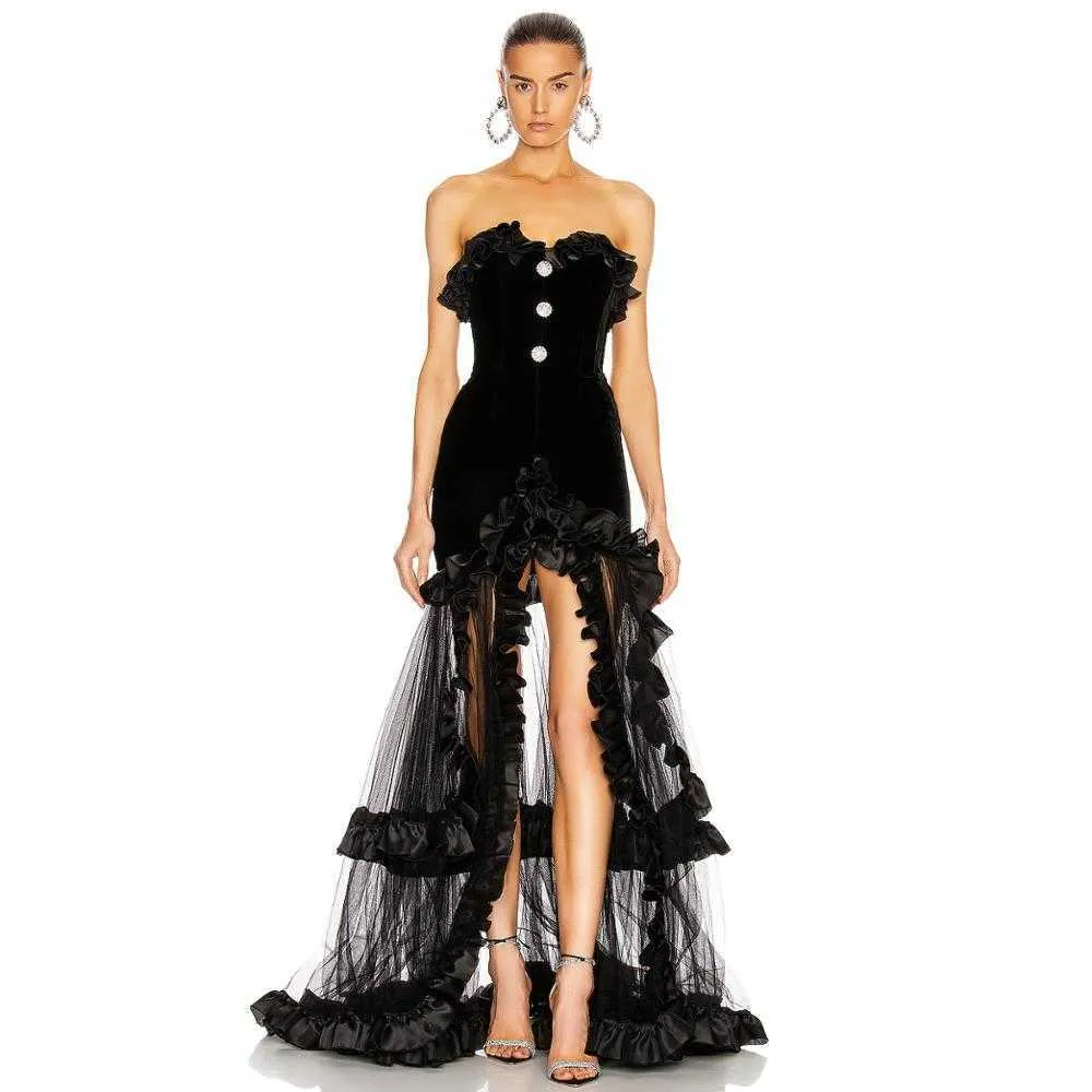 Kadın Moda Straplez Dantel Mesh Siyah Bandaj Elbise Zarif Bölünmüş Tasarımcı Uzun Maxi Parti Vestido 210527