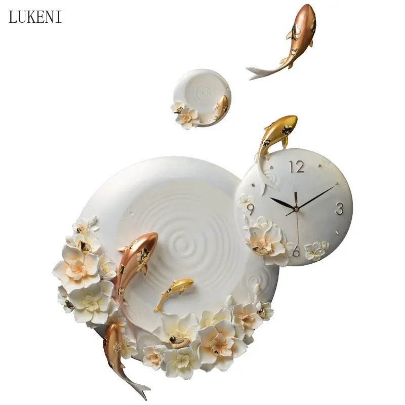 Chinese Creative Flowers Fish Carved Wall Living Room Three-dimensional Craft Clock Home Decoration Sticker 210414