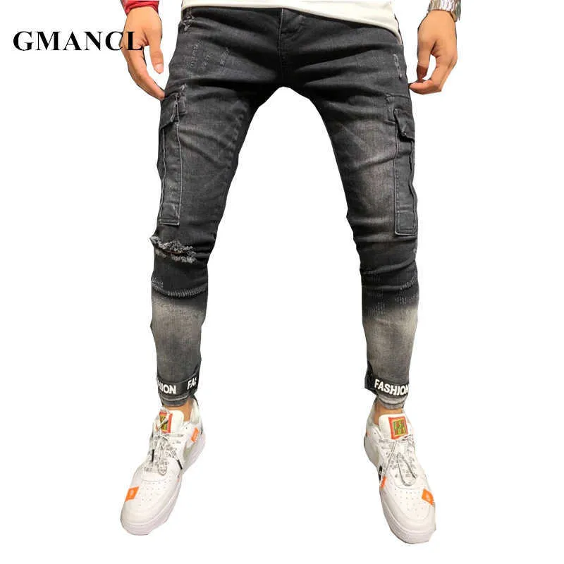 Män Hip Hop Skinny Side Pocket Cargo Motorcykel Biker Jeans Högkvalitativa Distressed Streetwear Slim Fit Men Joggers Denim Byxor X0621