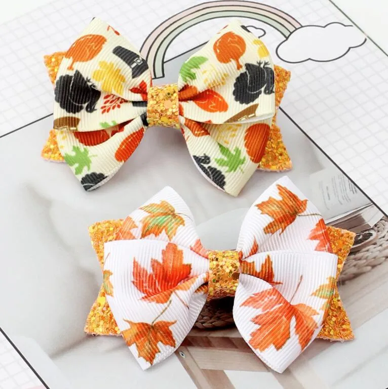 Thanksgiving Hair Bows for Girls Leaves Printed Ribbon Hairgrips Bowknot Clips Kids Hairs Tillbehör