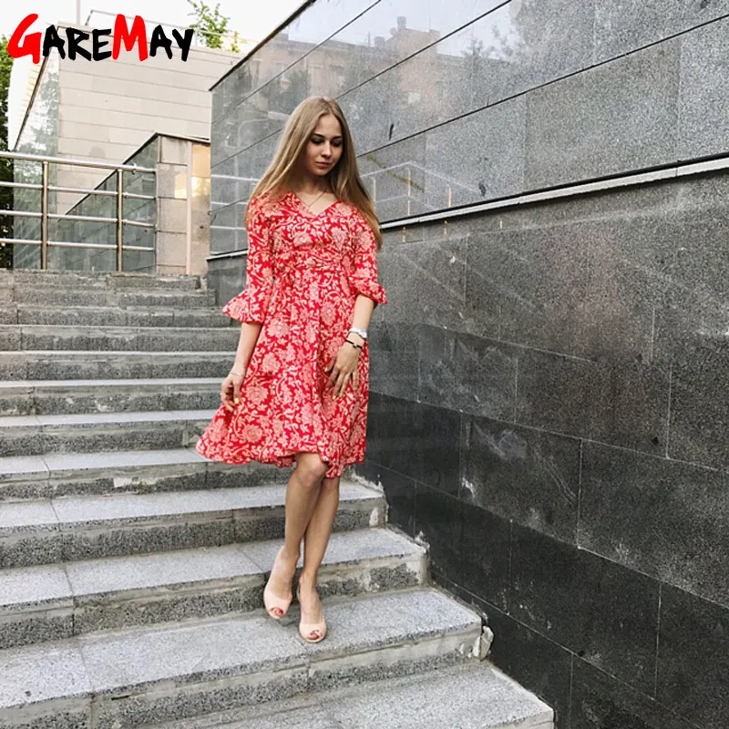 Autumn Beach Flower Print Swing A Line Women Dress Red Sexy Deep V Neck seven Sleeve Ruffles Knee length Ladies dresses 210428